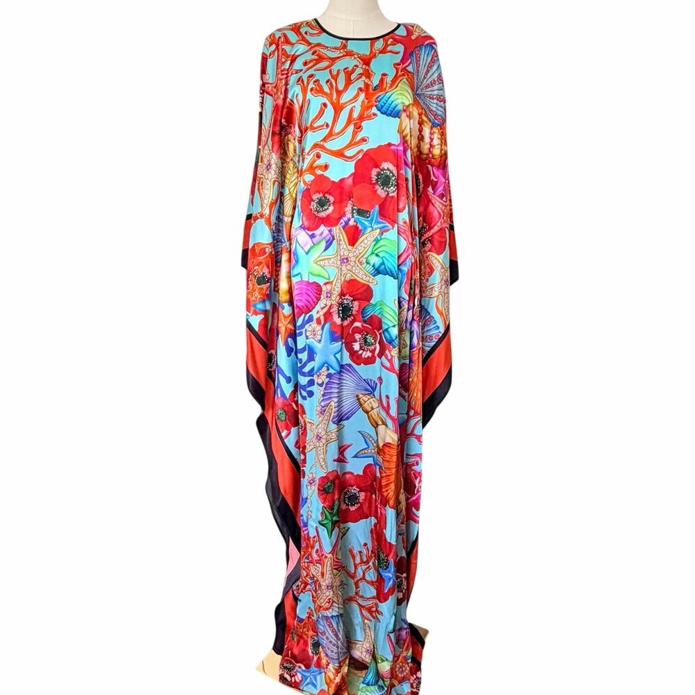 Naeem Khan L Turquoise Coral Reef Print Caftan Maxi Dress NWT Tropical Resort